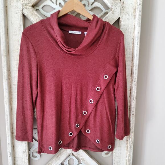 Notations Women's Petite Small 3/4 Sleeve Asymmetric Grommet Cowl Neck Top - Picture 4 of 5